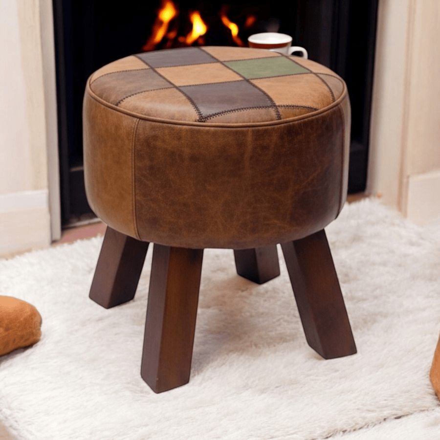 Foot stools 42Cm Brown Tan Leather Stool