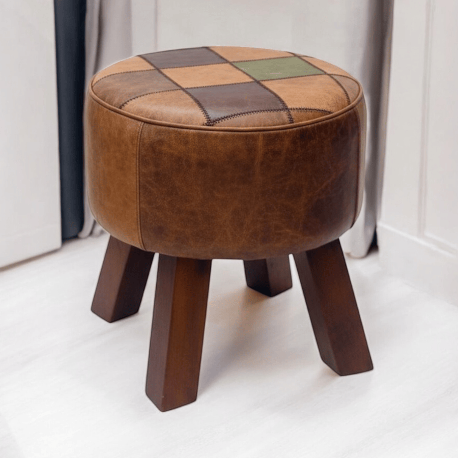 Foot stools 42Cm Brown Tan Leather Stool