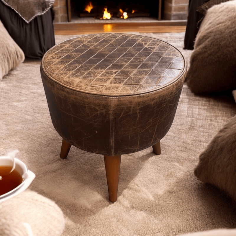Foot stools 42Cm Brown Tan Leather Wooden Stool