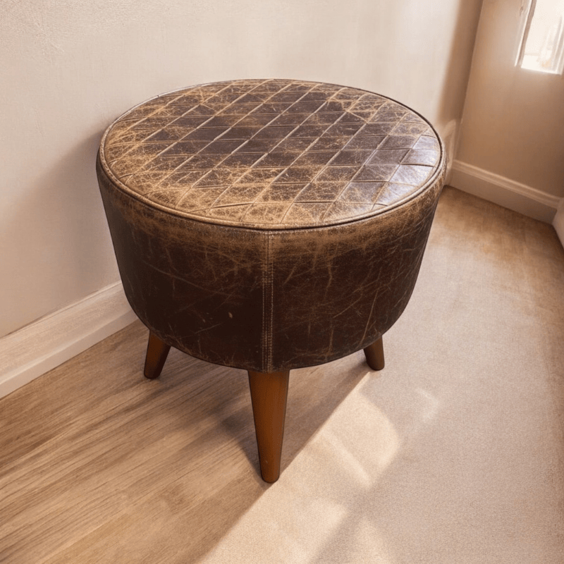 Foot stools 42Cm Brown Tan Leather Wooden Stool