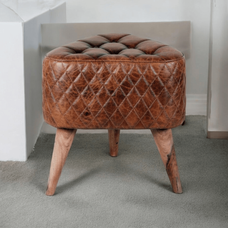 Foot stools 45Cm Brown Tan Leather Wooden Stool