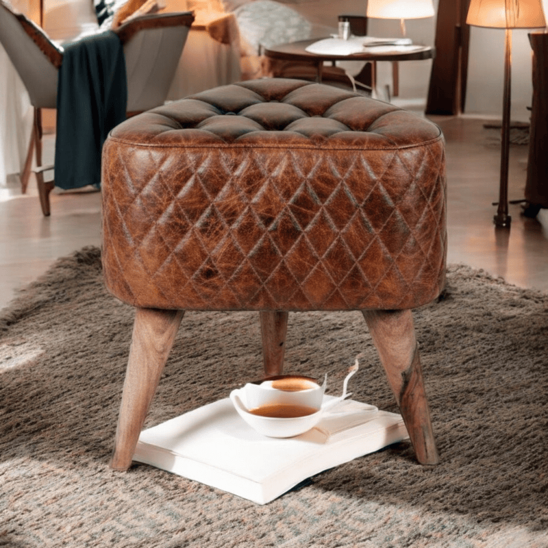 Foot stools 45Cm Brown Tan Leather Wooden Stool