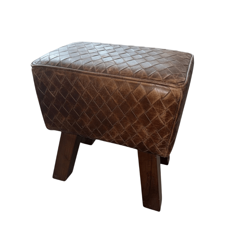 Foot stools 47Cm Brown Tan Leather Wooden Stool