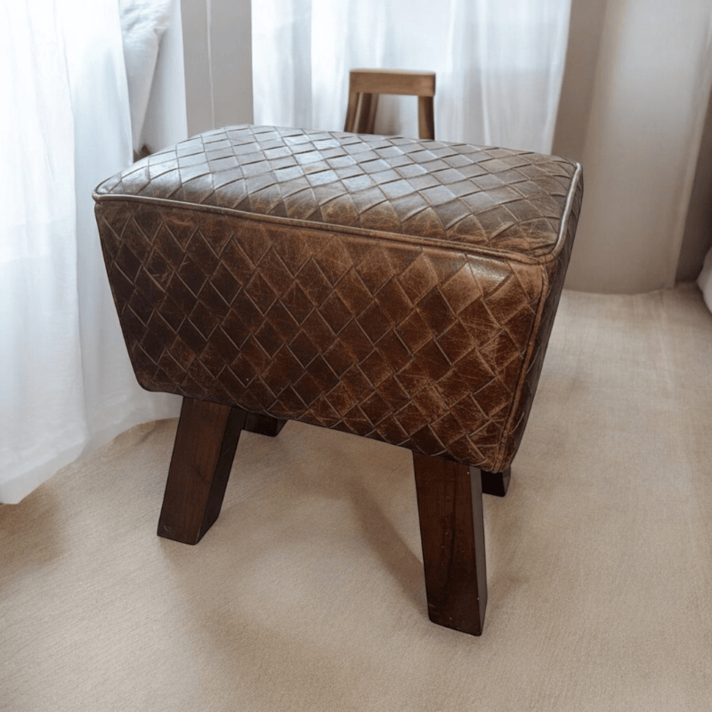 Foot stools 47Cm Brown Tan Leather Wooden Stool