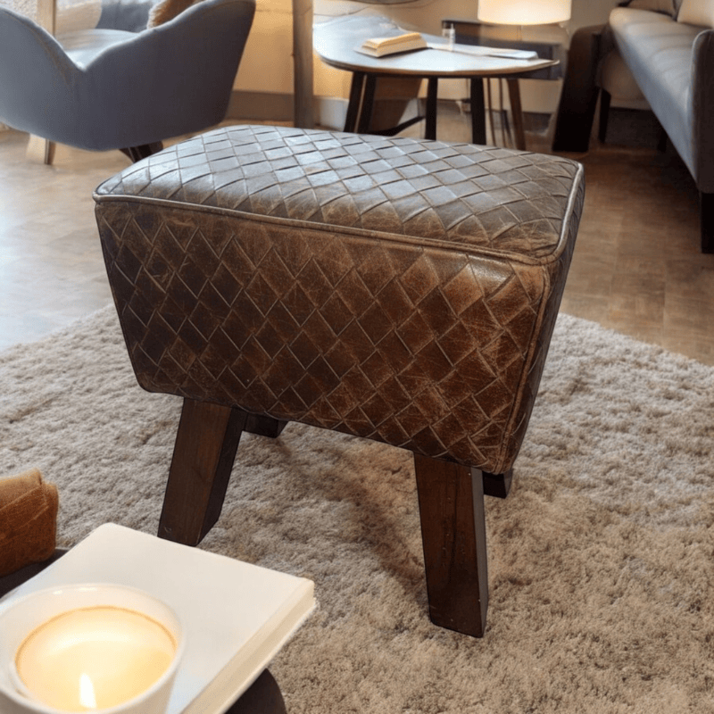 Foot stools 47Cm Brown Tan Leather Wooden Stool