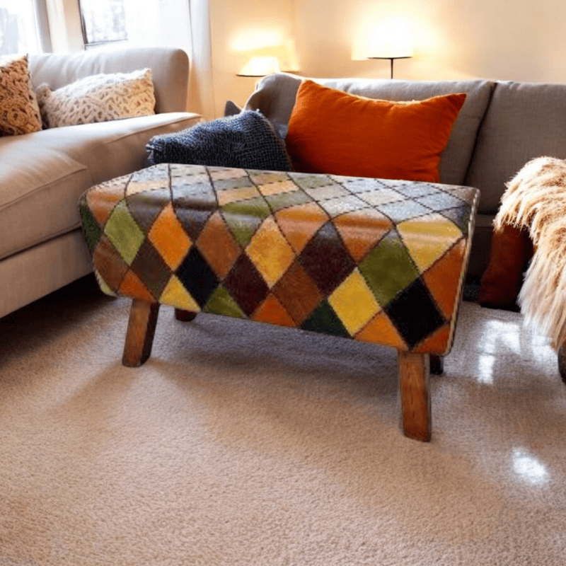 Foot stools 76Cm Patchwork Leather Wooden Stool
