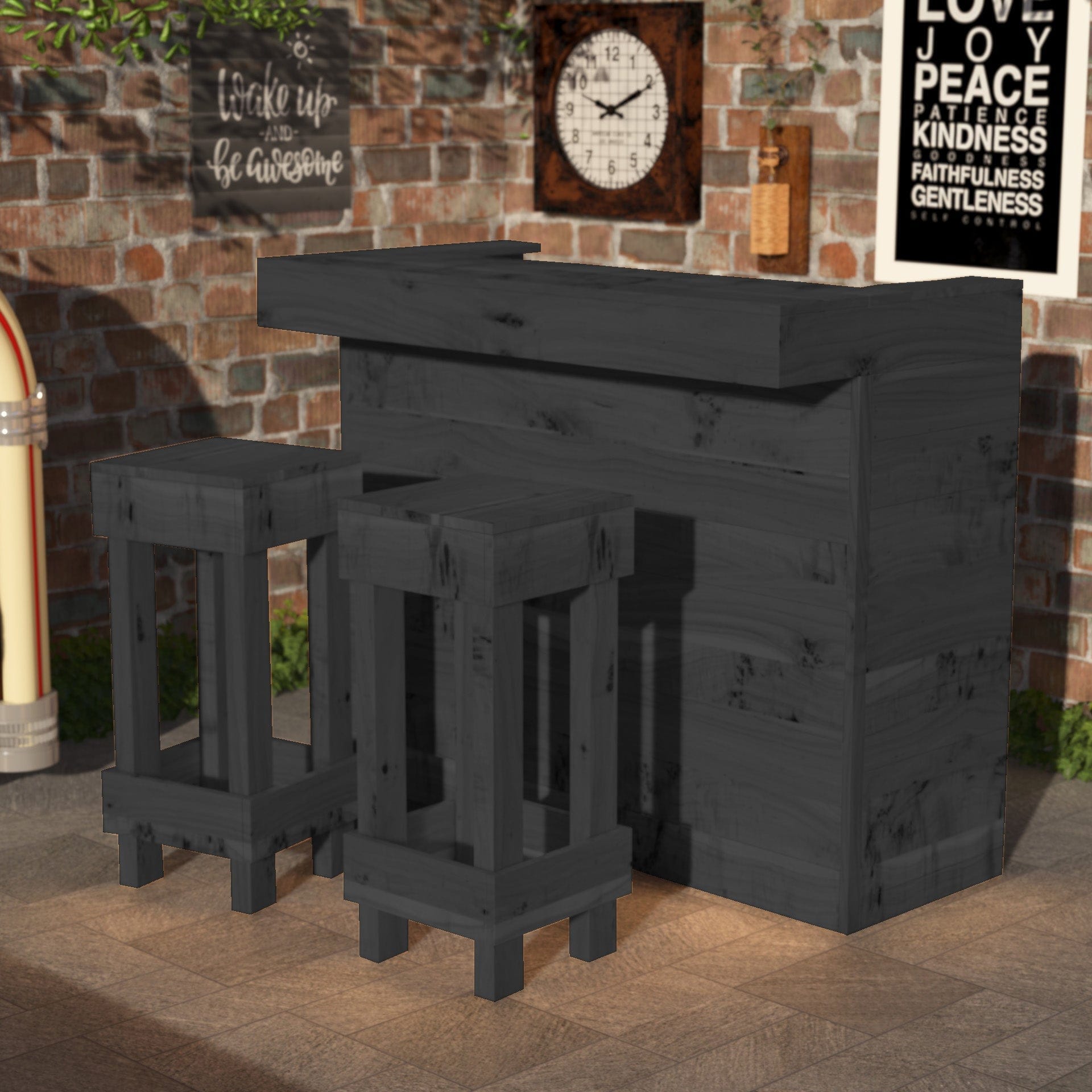Home & Garden Bars Black Rustic Wooden Bar & Bar Stools Set - Includes LED's