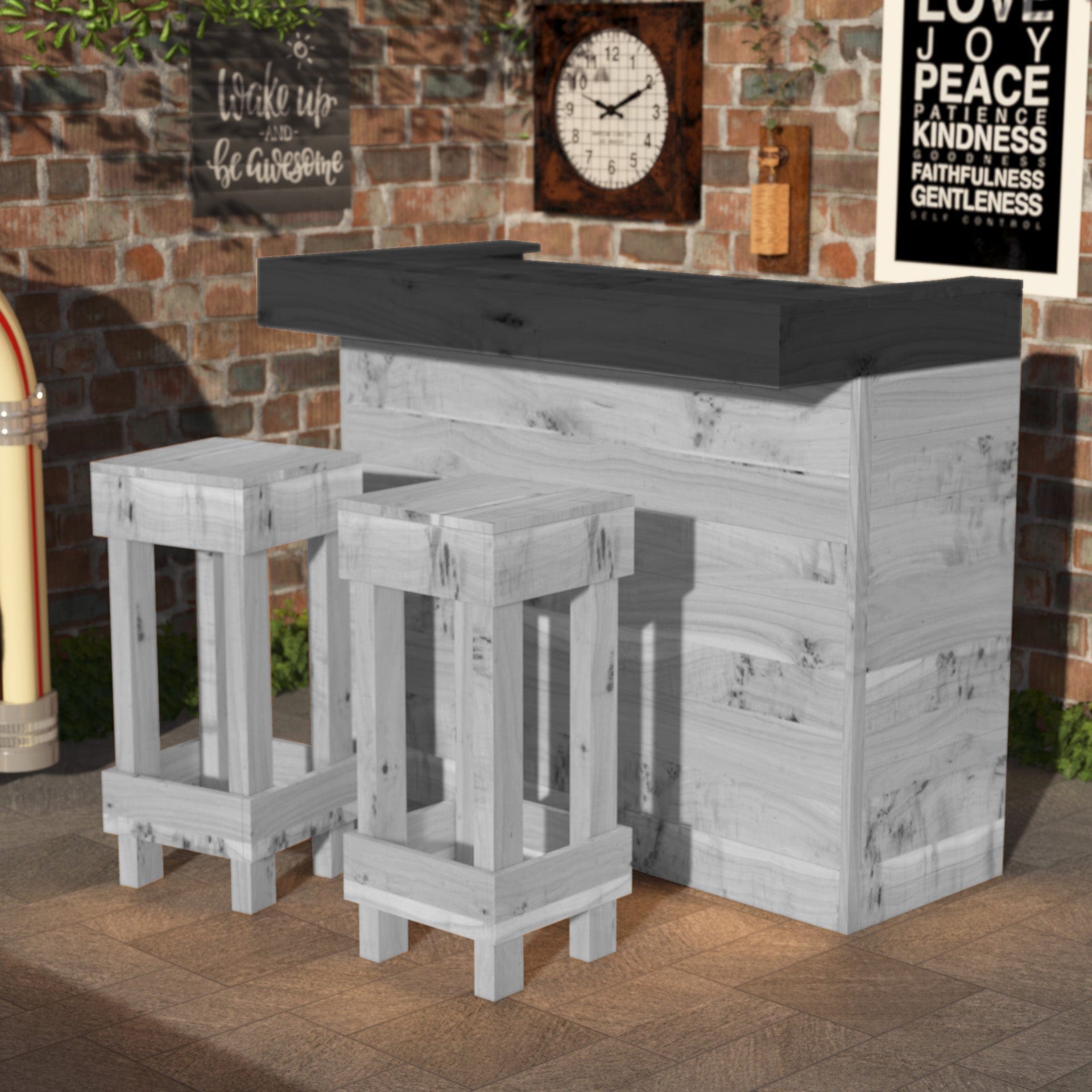 Home & Garden Bars Grey & Black Counter Rustic Wooden Bar & Bar Stools Set - Includes LED's