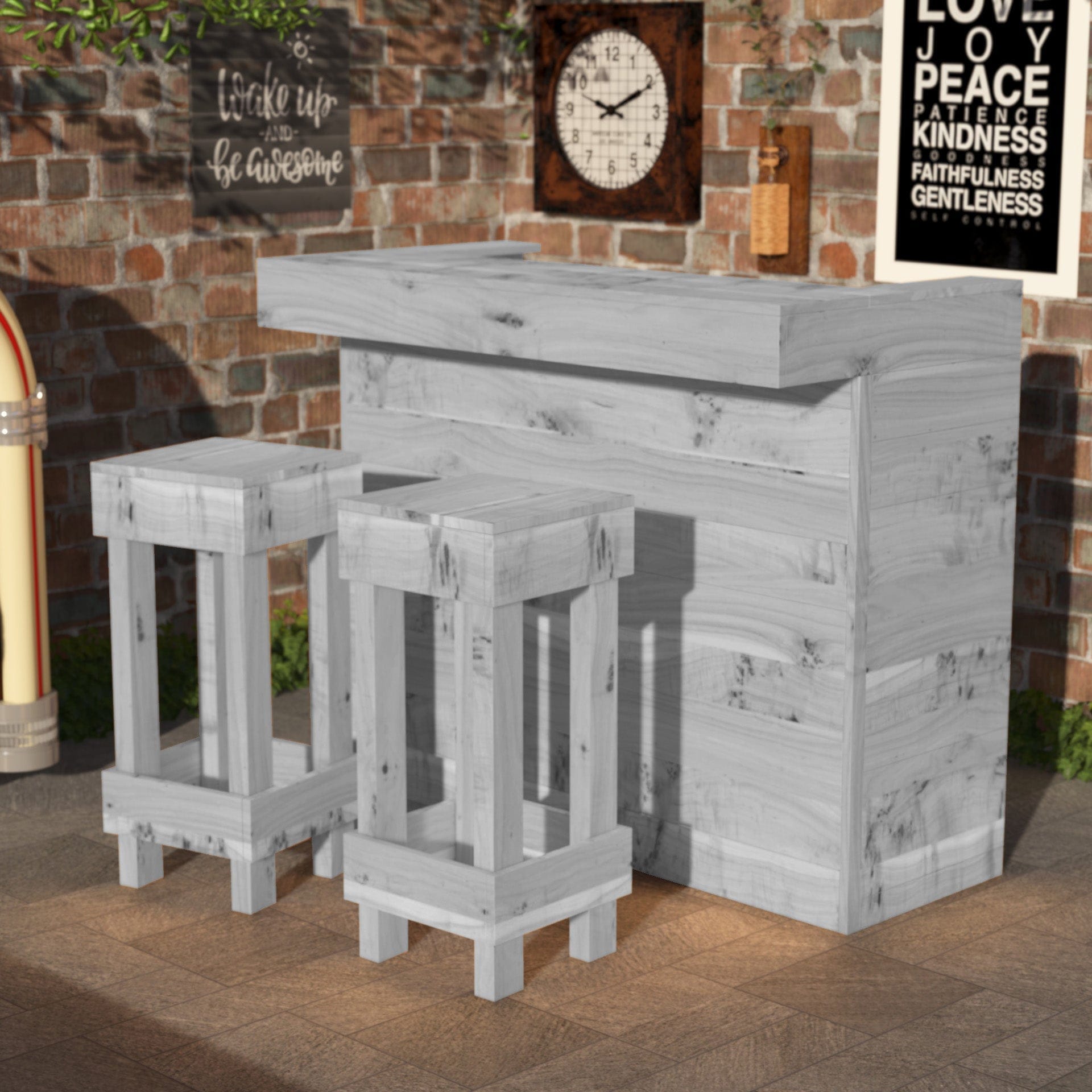 Home & Garden Bars Grey Rustic Wooden Bar & Bar Stools Set - Includes LED's