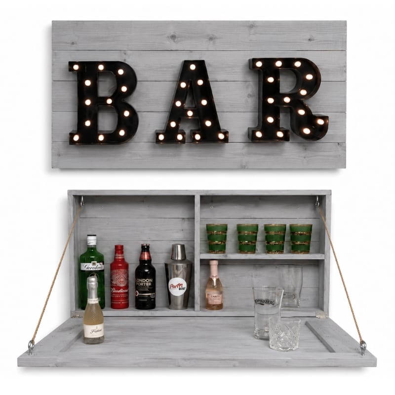 Home & Garden Bars Grey Rustic Wooden Drop Down Bar with Light Up Sign