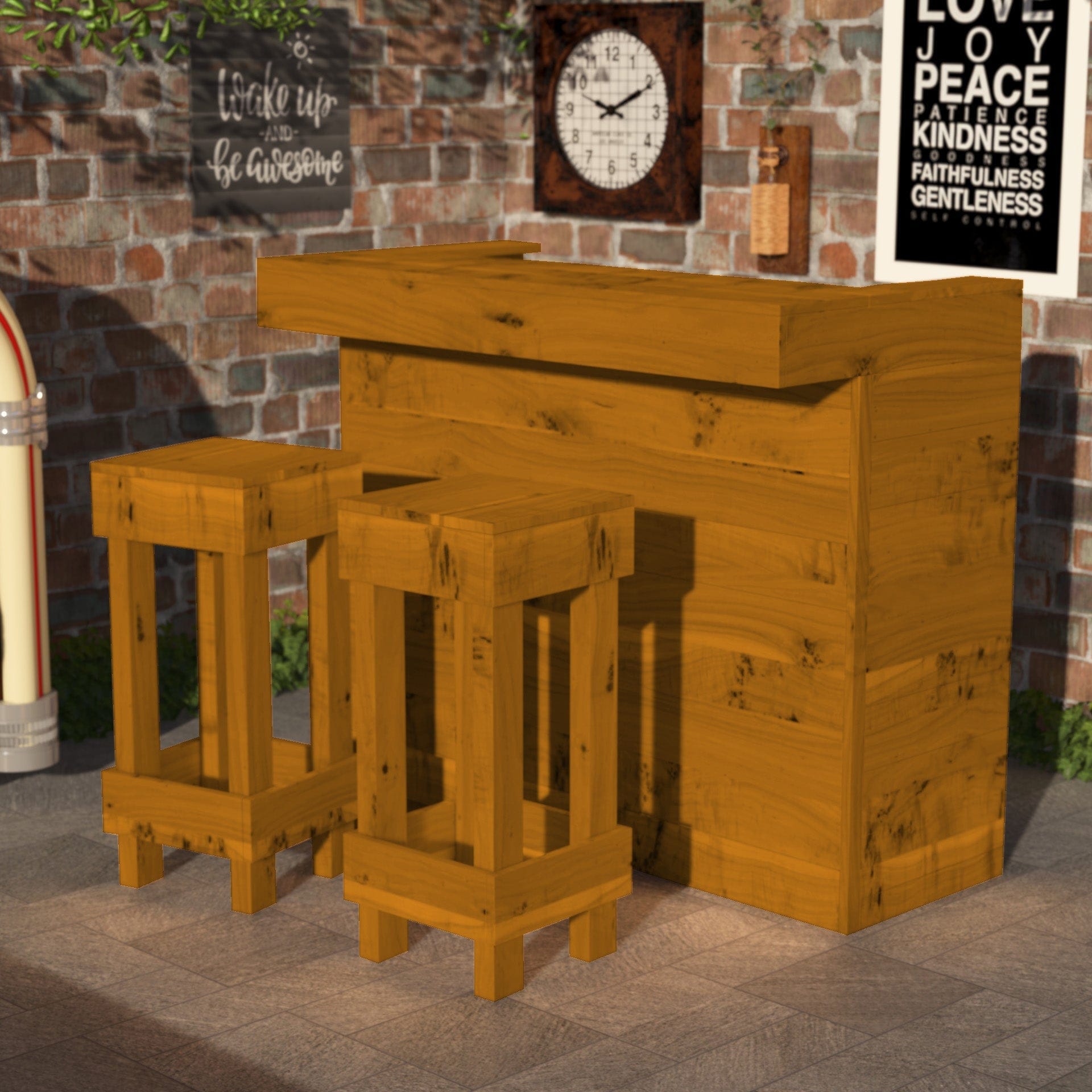 Home & Garden Bars Oak Rustic Wooden Bar & Bar Stools Set - Includes LED's