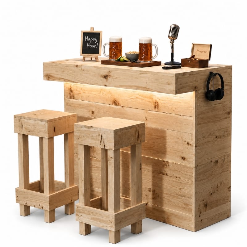 Home & Garden Bars Rustic Wooden Bar & Bar Stools Set - Includes LED's