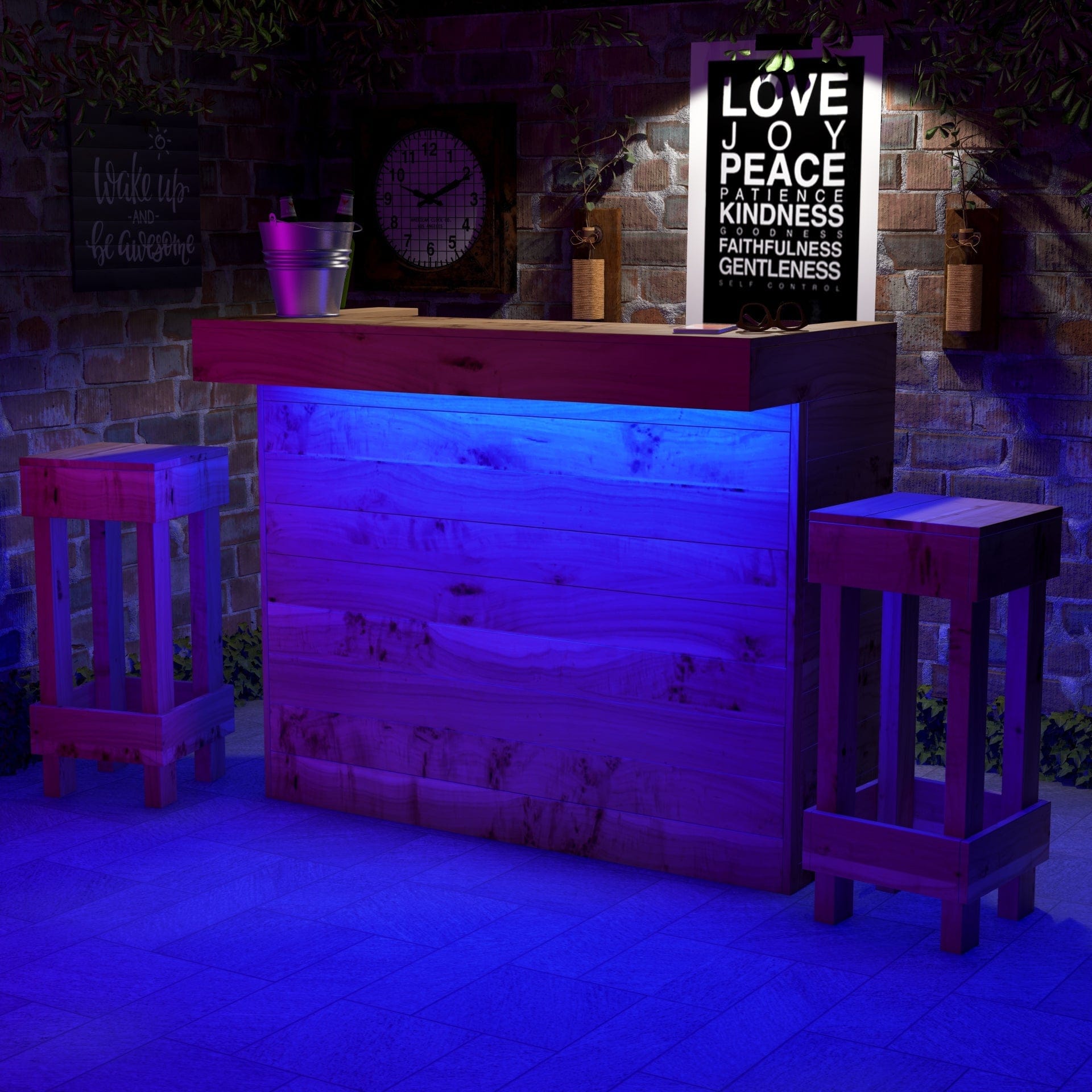 Home & Garden Bars Rustic Wooden Bar & Bar Stools Set - Includes LED's