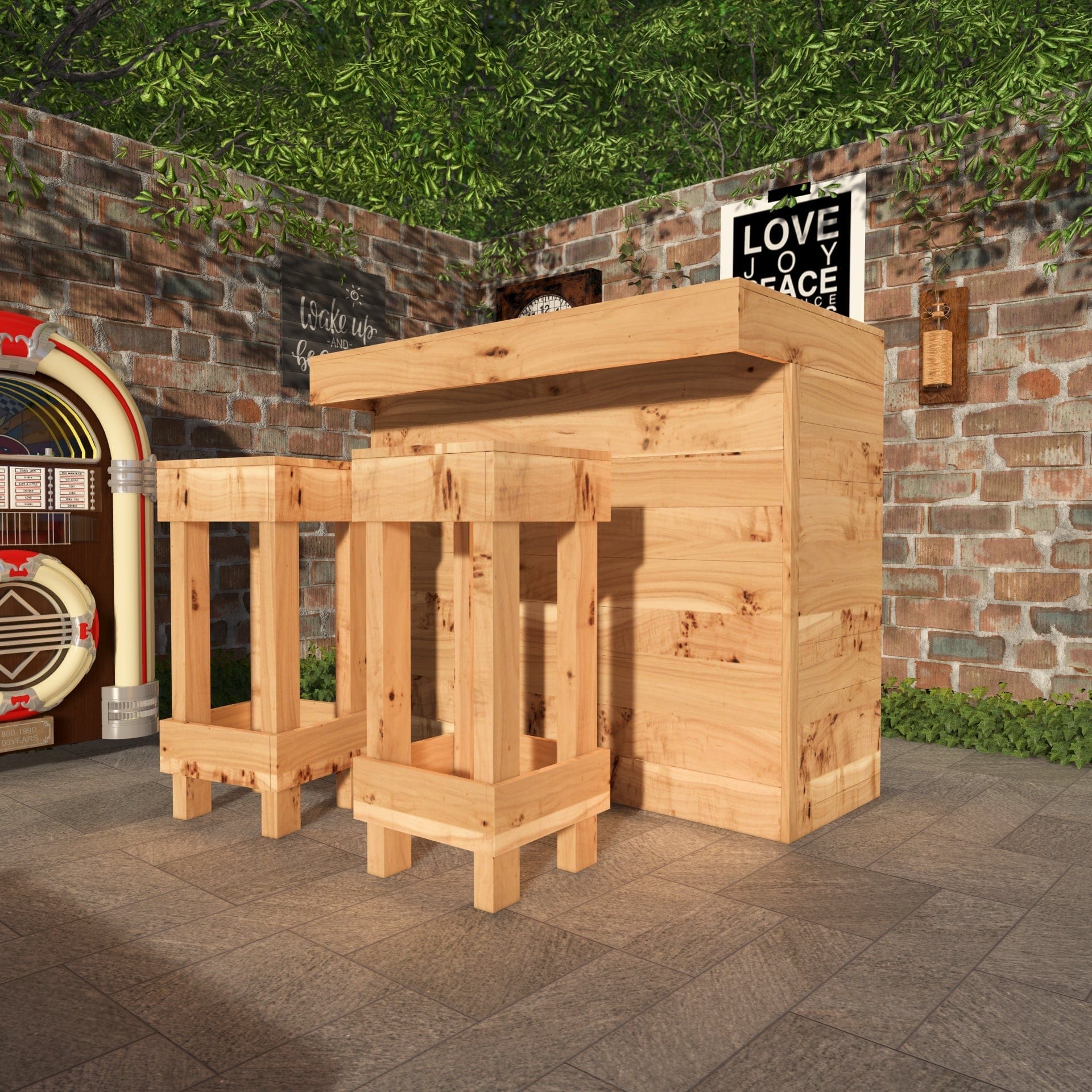 Home & Garden Bars Rustic Wooden Bar & Bar Stools Set - Includes LED's