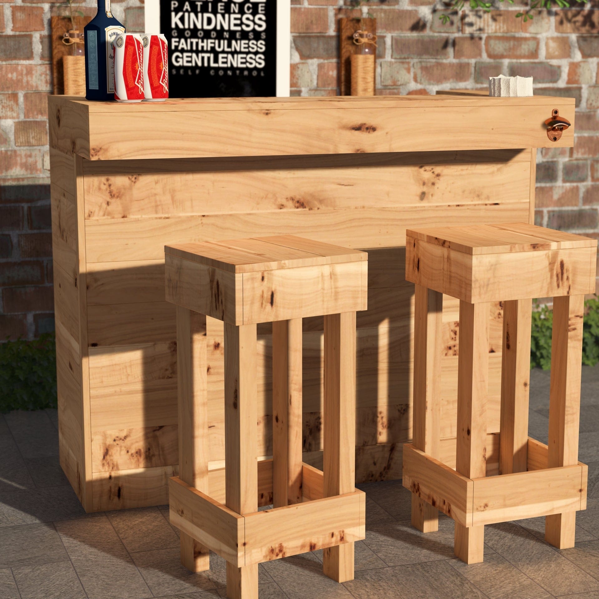 Home & Garden Bars Rustic Wooden Bar & Bar Stools Set - Includes LED's