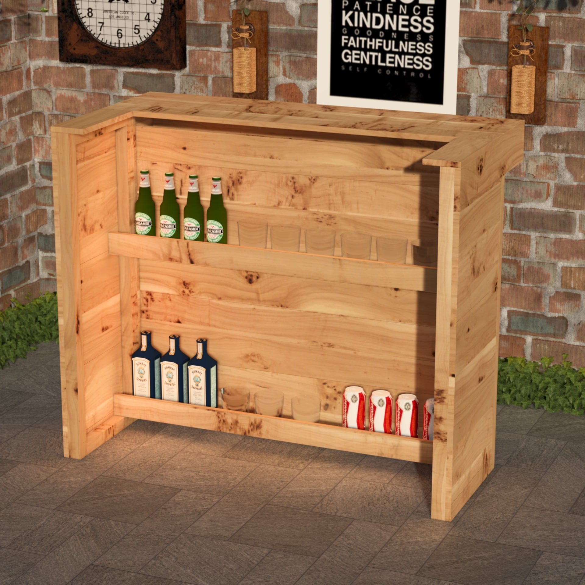 Home & Garden Bars Rustic Wooden Bar & Bar Stools Set - Includes LED's