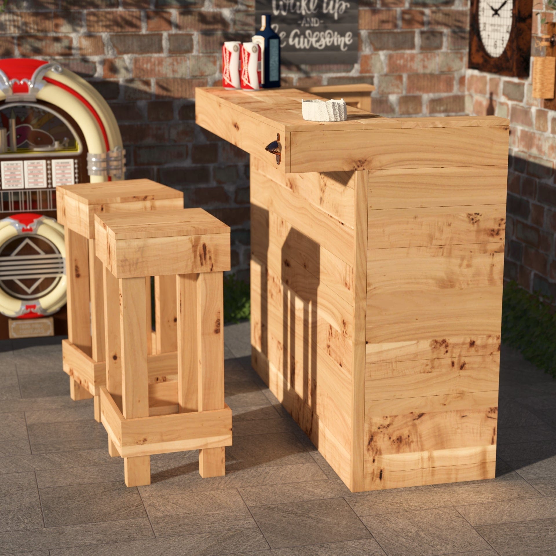 Home & Garden Bars Rustic Wooden Bar & Bar Stools Set - Includes LED's