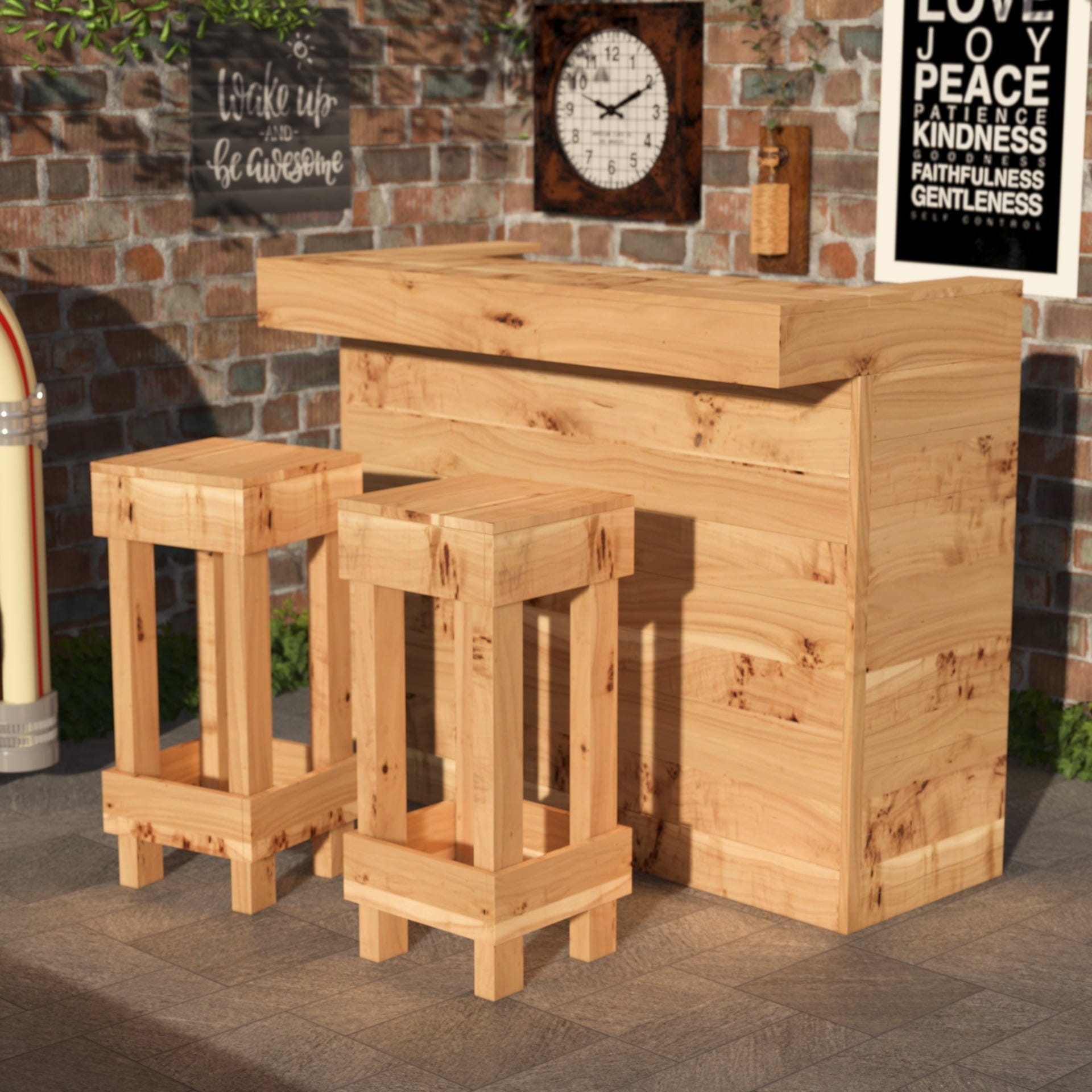 Home & Garden Bars Rustic Wooden Bar & Bar Stools Set - Includes LED's