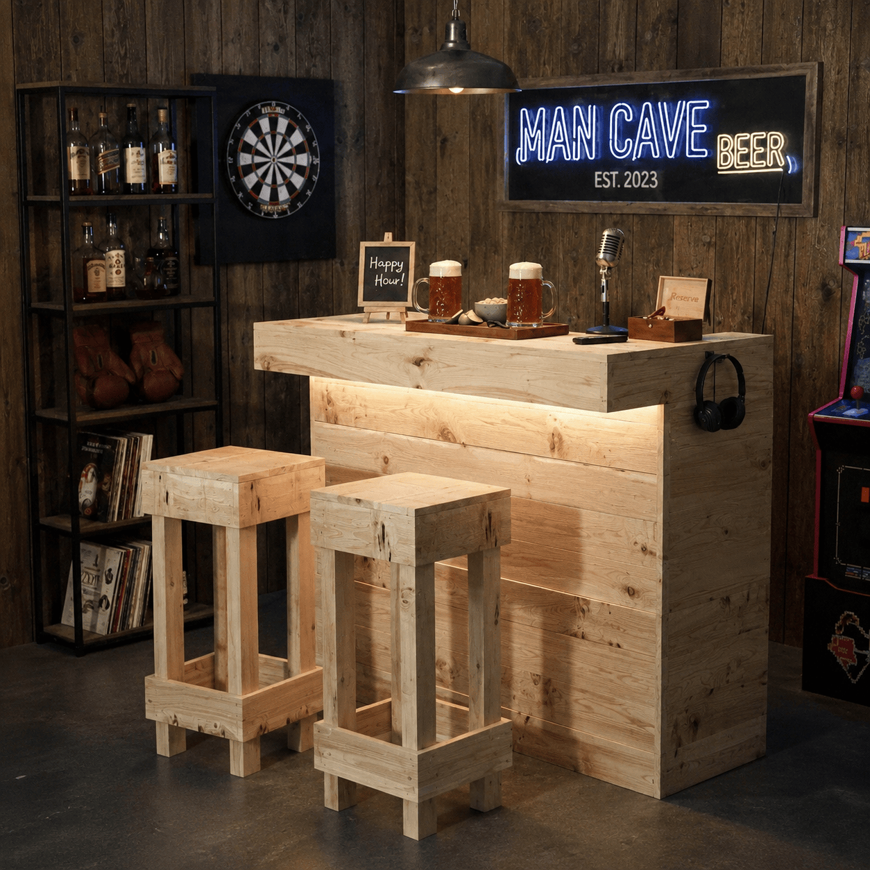 Home & Garden Bars Rustic Wooden Bar & Bar Stools Set - Includes LED's