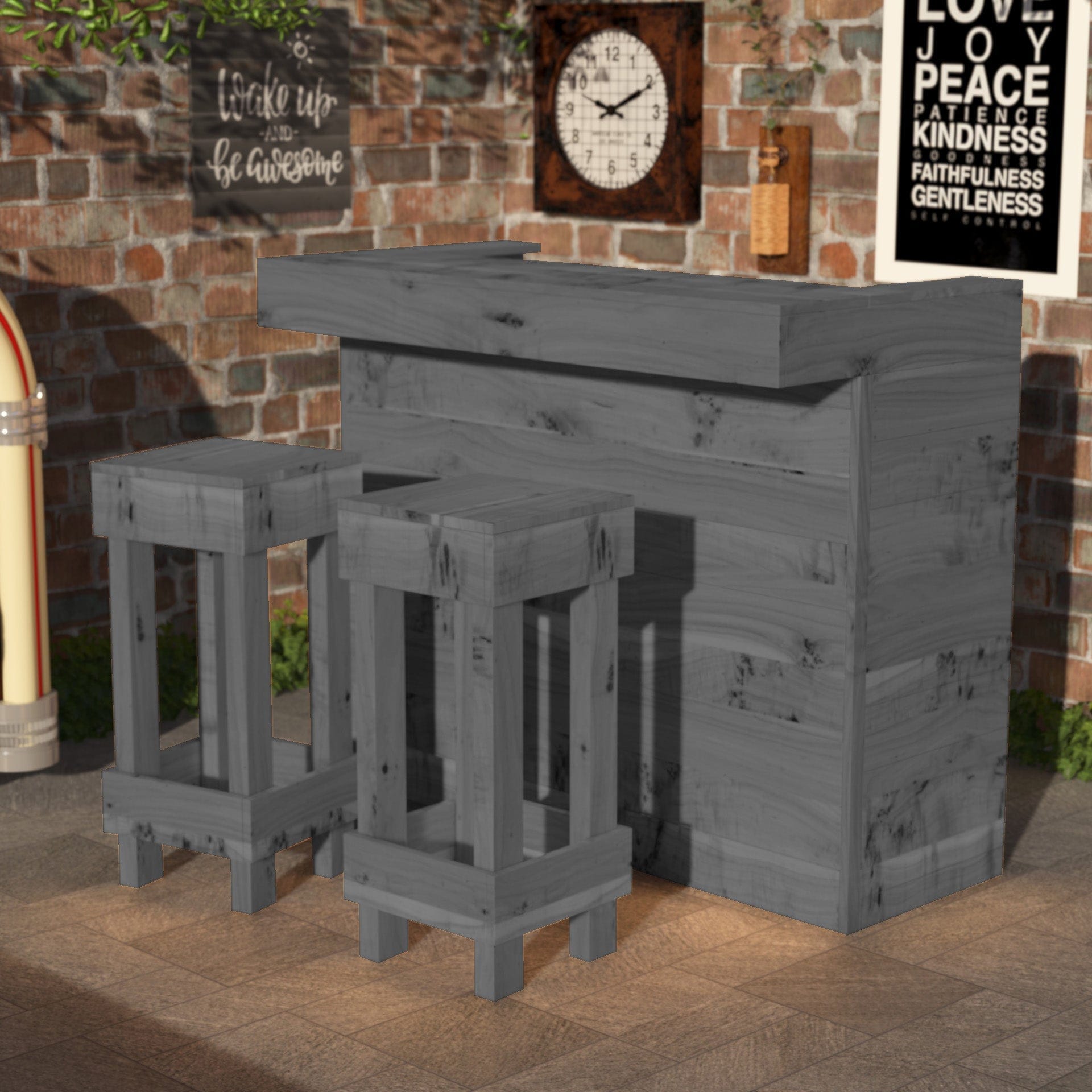 Home & Garden Bars Slate Rustic Wooden Bar & Bar Stools Set - Includes LED's