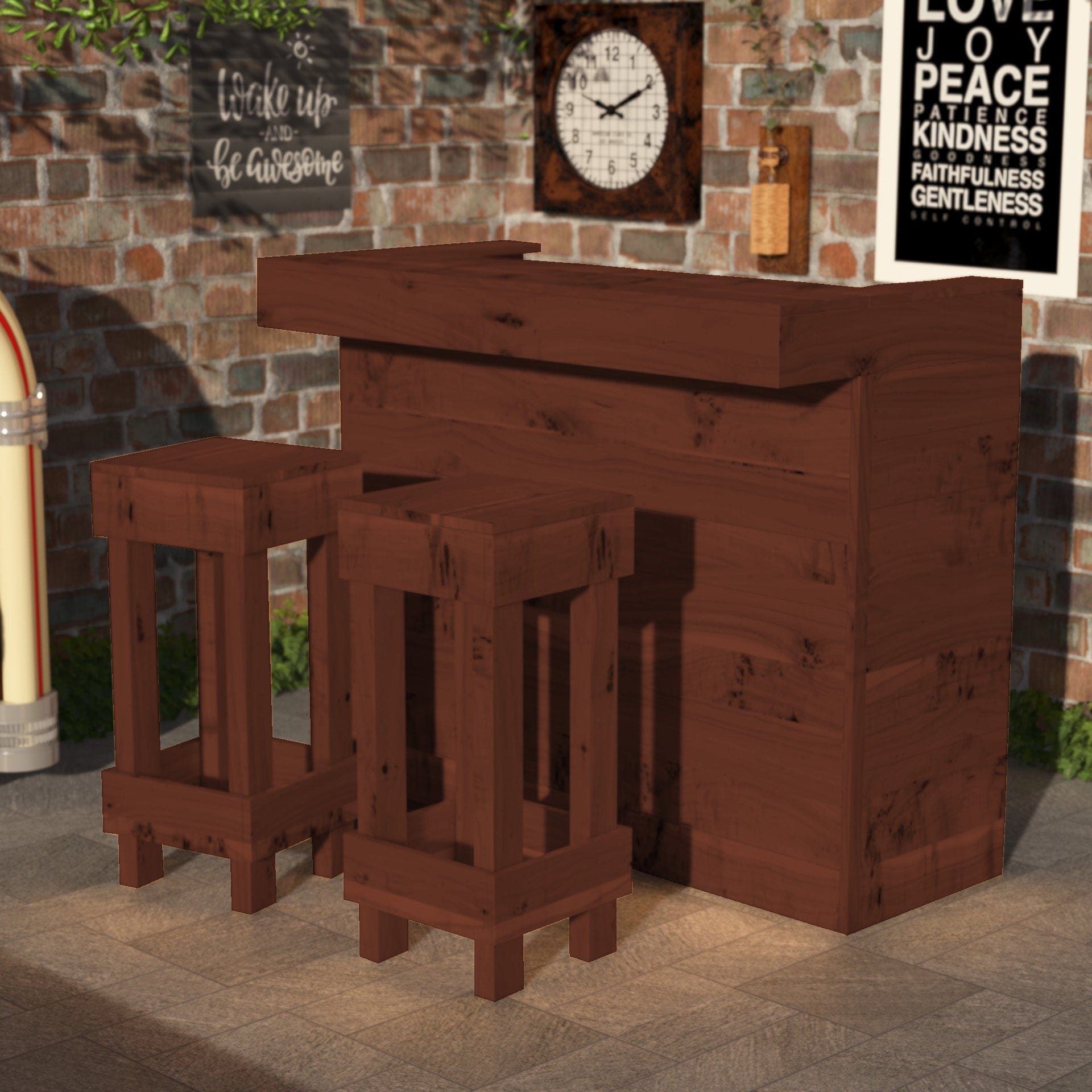 Home & Garden Bars Walnut Rustic Wooden Bar & Bar Stools Set - Includes LED's