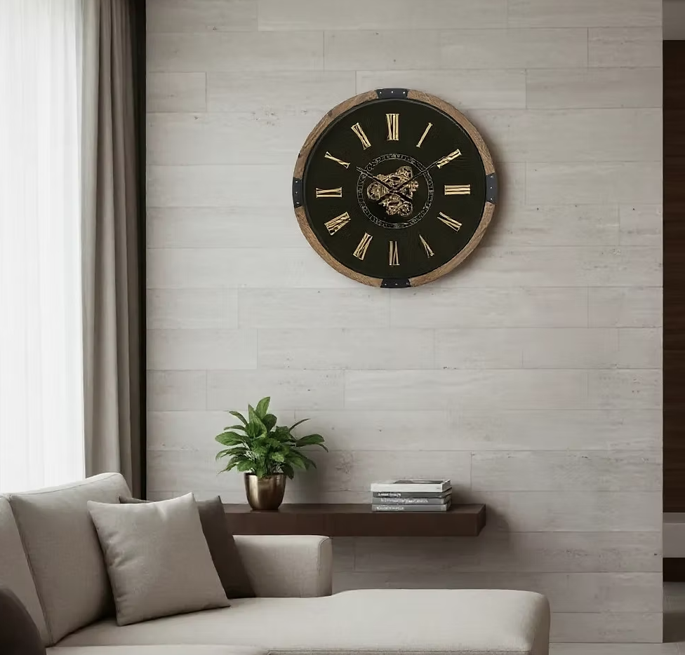 Walnut & Black Exposed Gear Wall Clock – 64cm
