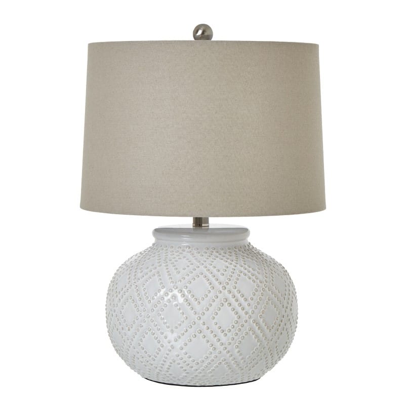 Lamp Squat White Beaded Ceramic Lamp With Linen Shade
