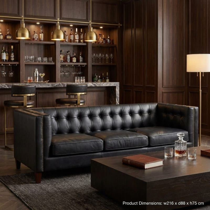 Leather Sofa King Three Seater Modern Chesterfield Black Leather Sofa