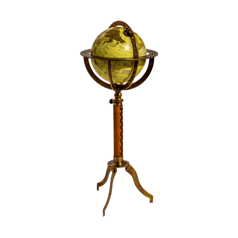 Leather Stand Large Antique Globe On Metal & Leather Stand