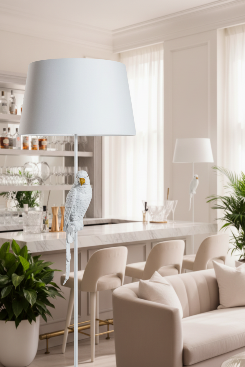Matte White Parrot Floor Lamp – Home Bar Lifestyle Hero Shot