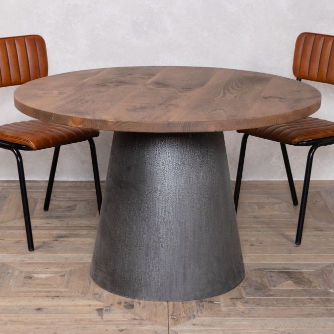 Round Vintage Dining Table with Pine Top and Metal Base