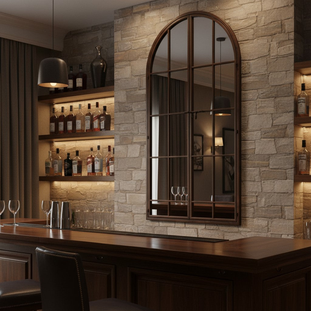 Metal Mirror Antiqued Iron Large Arch Window Metal Mirror