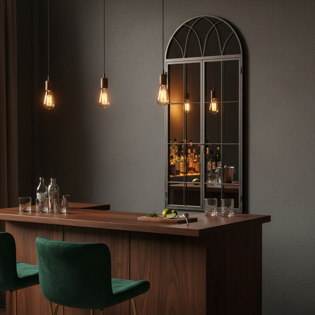 Metal Mirror Antiqued Lead Grey Iron Tall Arch Window Metal Mirror