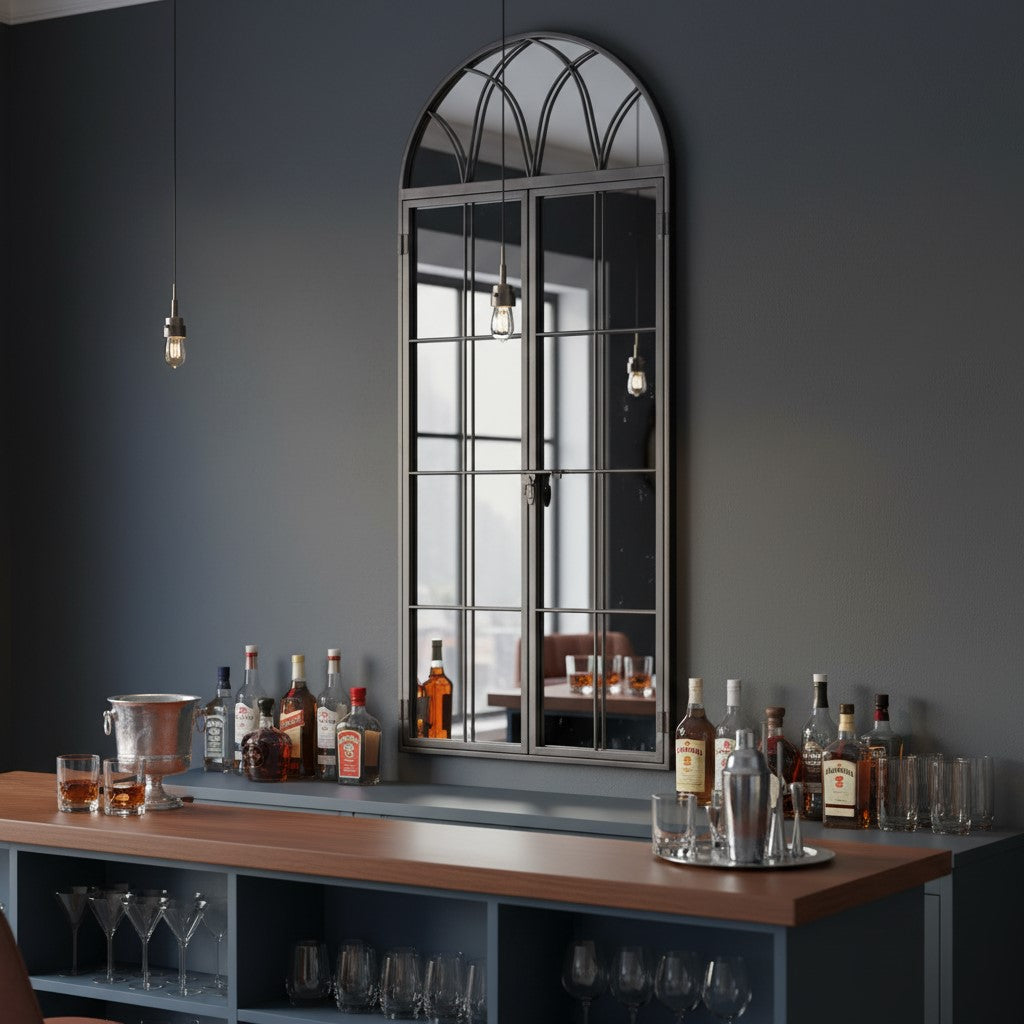 Metal Mirror Antiqued Lead Grey Iron Tall Arch Window Metal Mirror