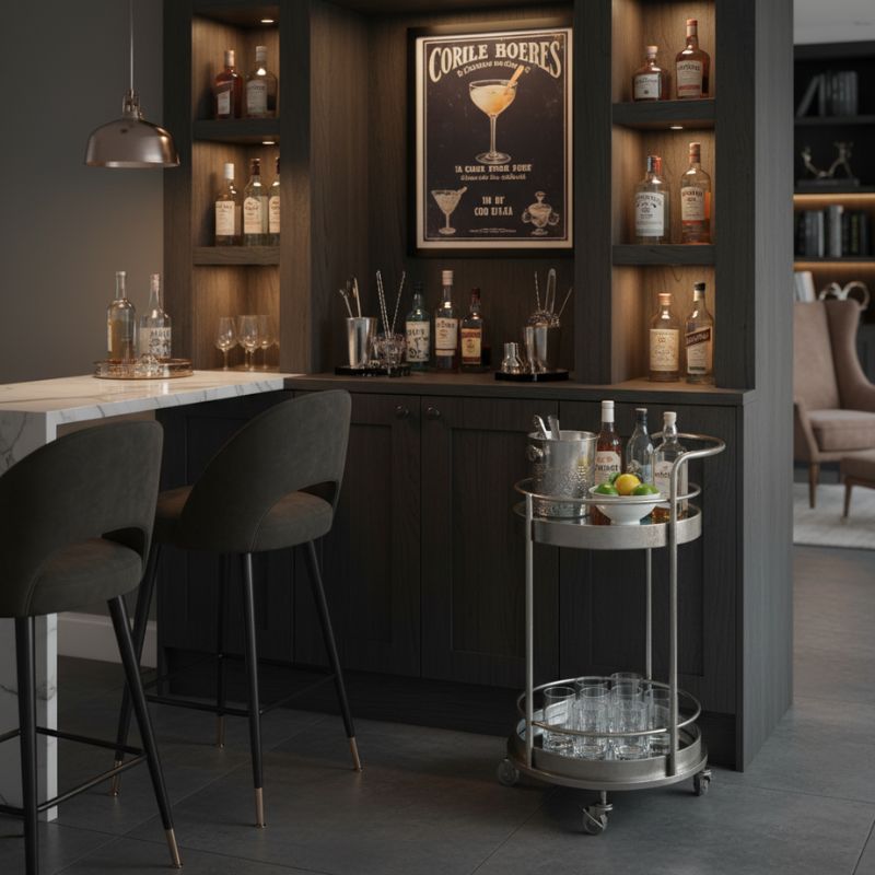 Round Bar Trolley Antique Silver/Champagne Leaf Metal Small Round Bar Trolley with Mirror Shelves