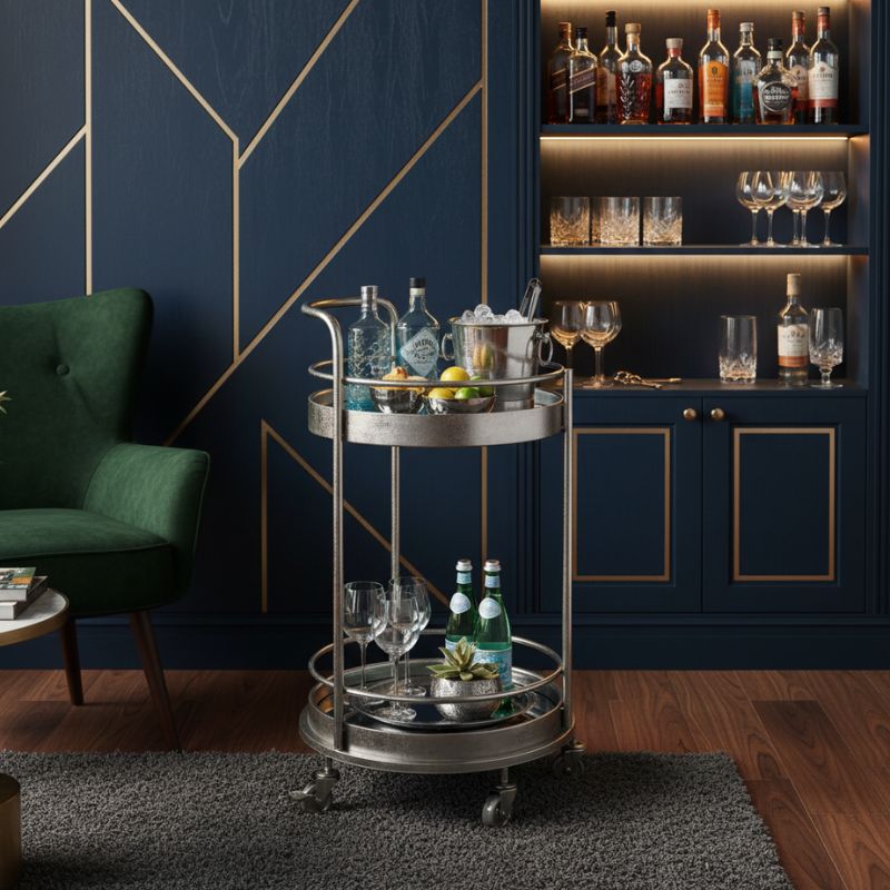 Round Bar Trolley Antique Silver/Champagne Leaf Metal Small Round Bar Trolley with Mirror Shelves