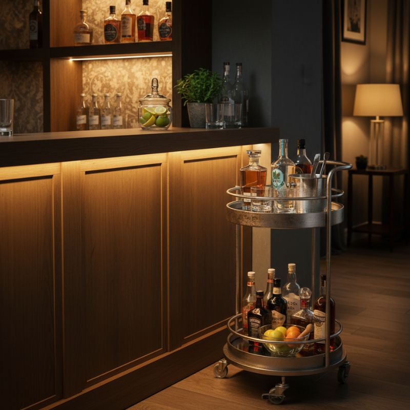 Round Bar Trolley Antique Silver/Champagne Leaf Metal Small Round Bar Trolley with Mirror Shelves