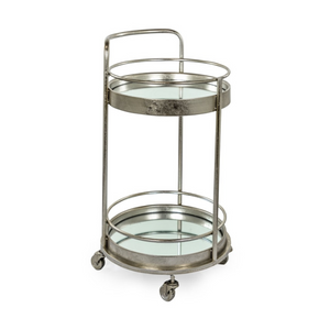 Round Bar Trolley Antique Silver/Champagne Leaf Metal Small Round Bar Trolley with Mirror Shelves