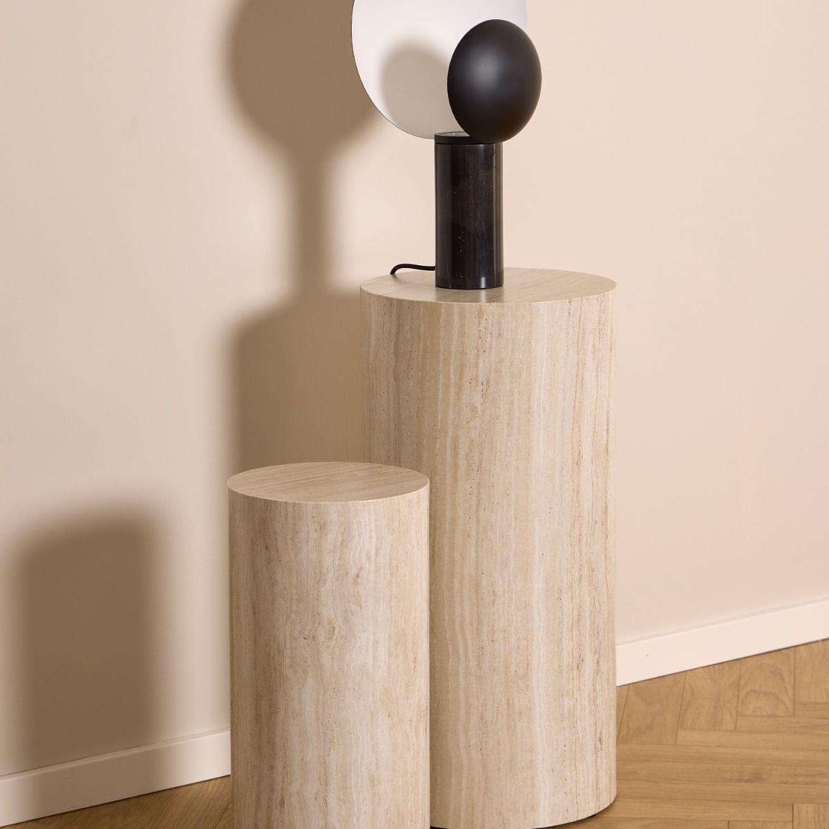 round pedestal Dice Round Pedestal Set in Travertine Finish Set of 2