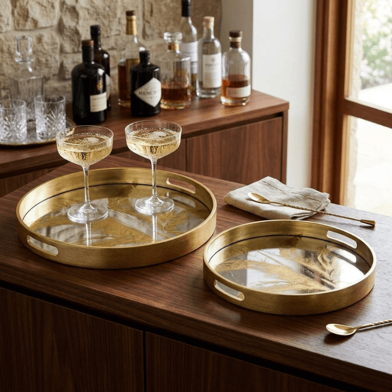 Serving Trays Circular Tray Set – Gold Leaf Design