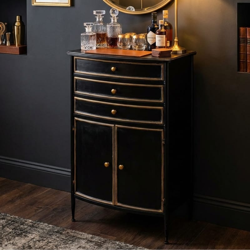 Side Cabinet Black and Antique Gold "Orwell" Door & Drawer Side Cabinet