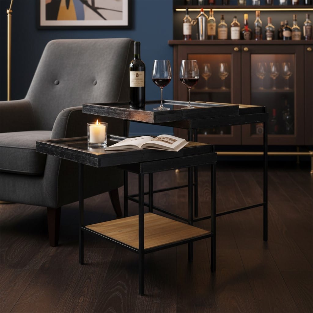 Side Table Antiqued Black Wooden Set of 2 Nest Display Side Tables