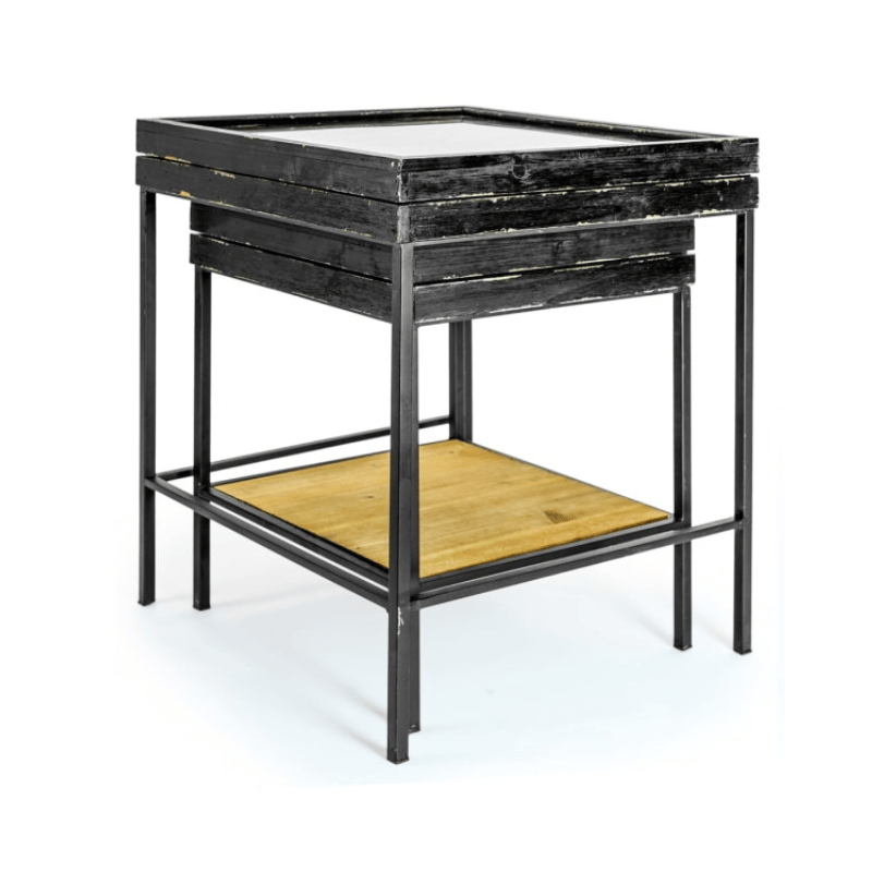 Side Table Antiqued Black Wooden Set of 2 Nest Display Side Tables
