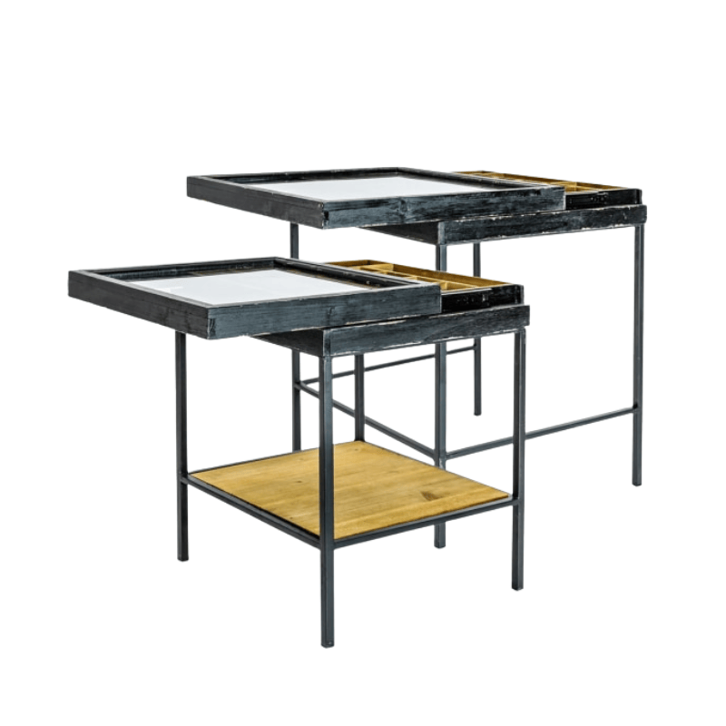 Side Table Antiqued Black Wooden Set of 2 Nest Display Side Tables