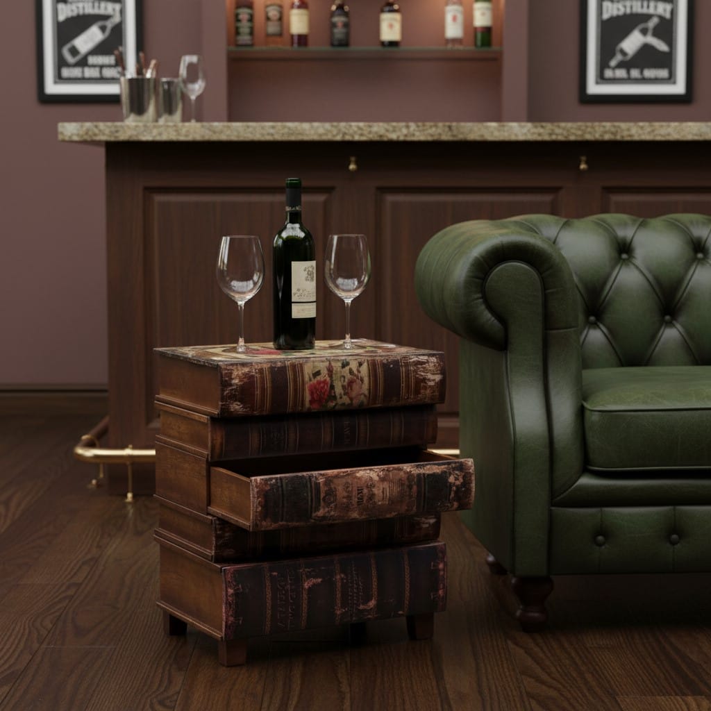 Side Table Antiqued Stacked Books Side Cabinet