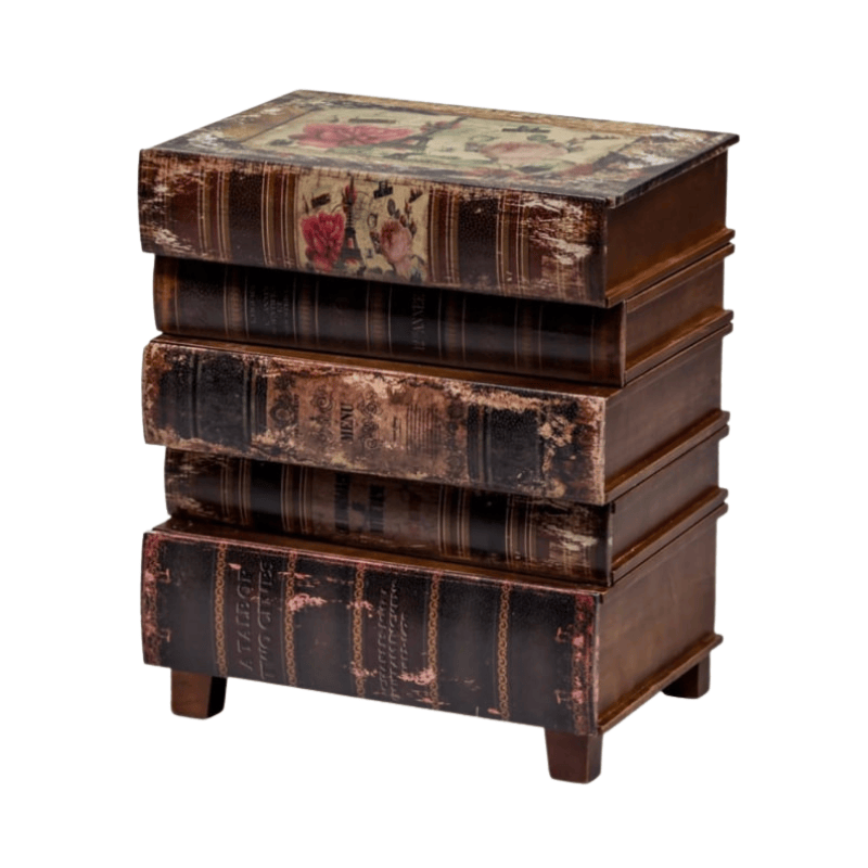 Side Table Antiqued Stacked Books Side Cabinet