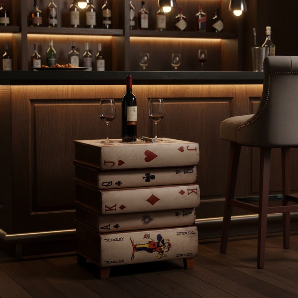Side Table Antiqued Stacked Playing Card Books Side Cabinet
