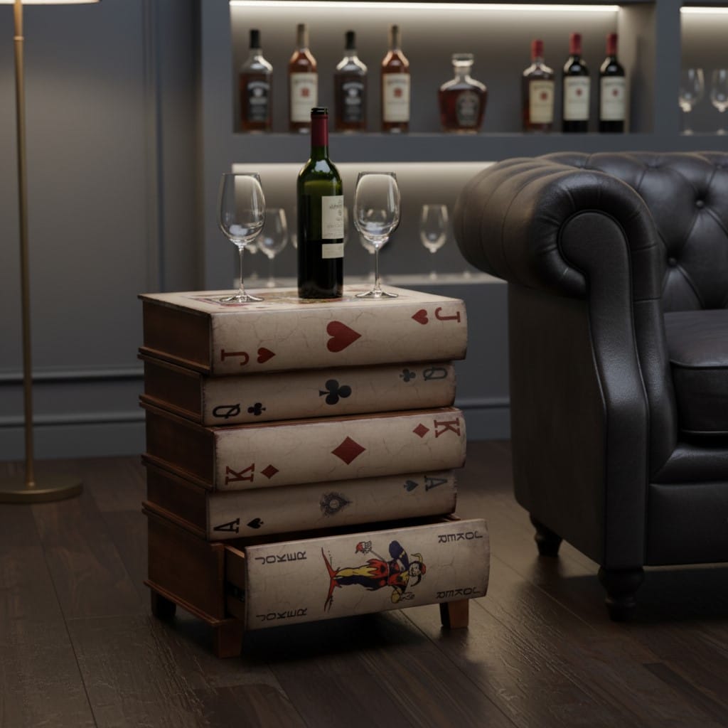 Side Table Antiqued Stacked Playing Card Books Side Cabinet