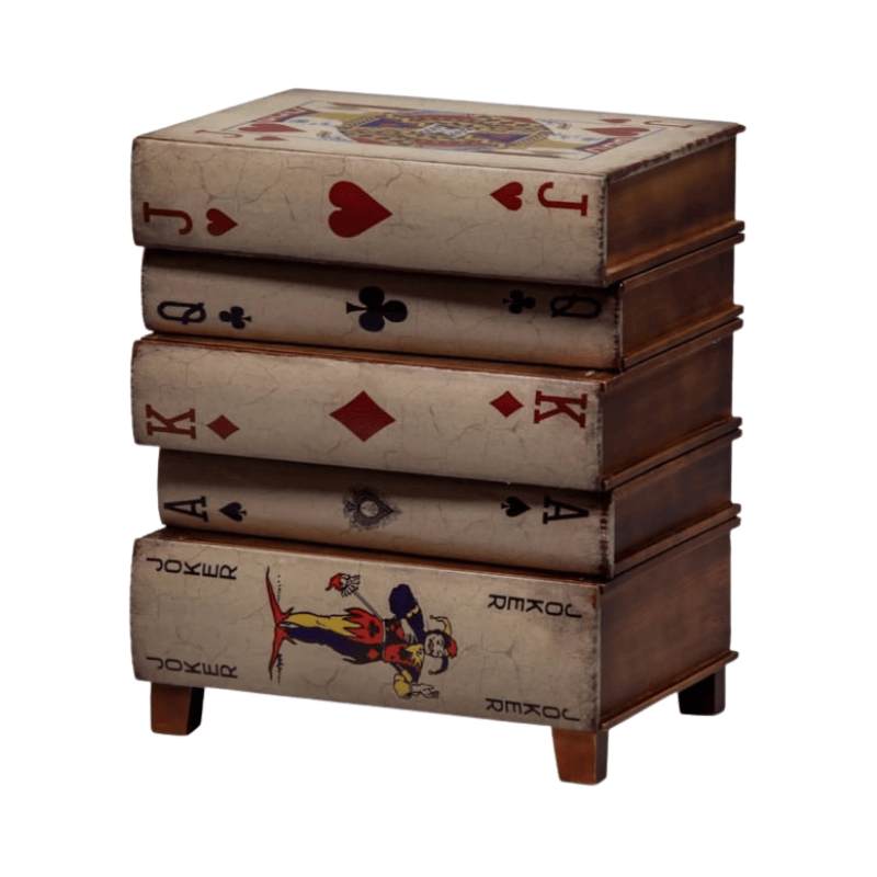 Side Table Antiqued Stacked Playing Card Books Side Cabinet