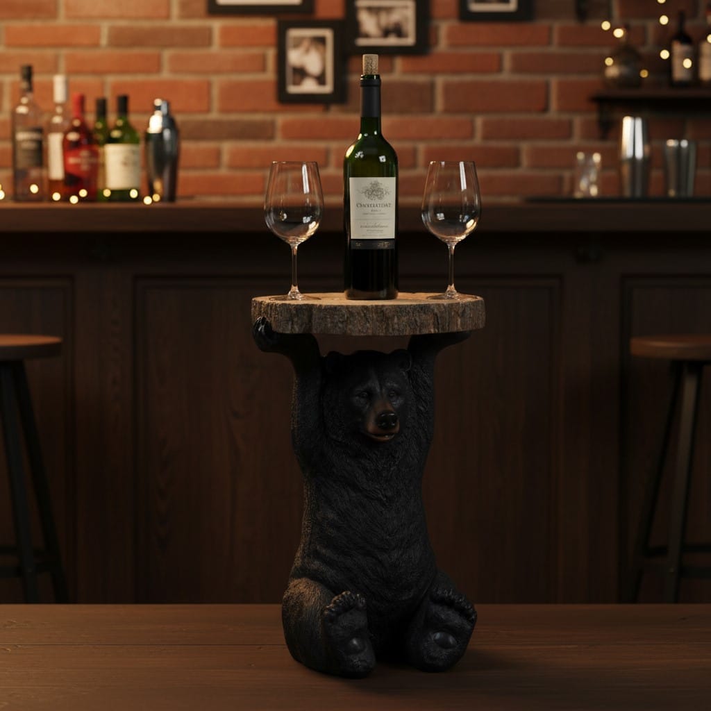 Side Table Black Bear Holding "Trunk Slice" Side Table